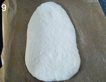 法式面包Fougasse 香油蓝乳酪版,面团翻面,收口朝下,用擀面杖擀开。不用太薄,但也别太厚。半厘米的样子。放在铺了烘焙纸的烤盘上。表面搭上亚麻布,发酵45分钟