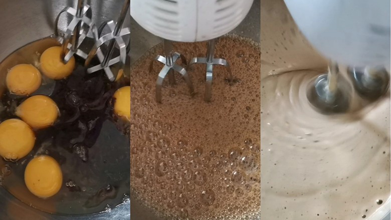 红枣切糕,盆下面隔着温水,大概60度,电动打蛋器开高速打发至原来3倍大,泡沫变的细腻