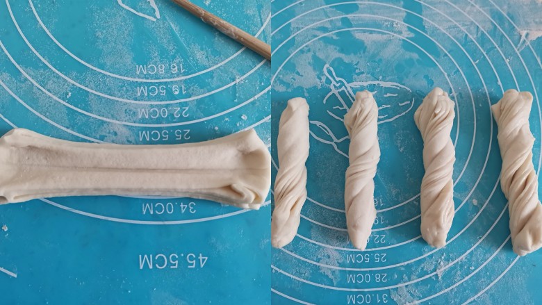 豆角焖卷子,再双手抻长,两手反方向拧一圈,一个花卷就做好了,二次发酵半小时