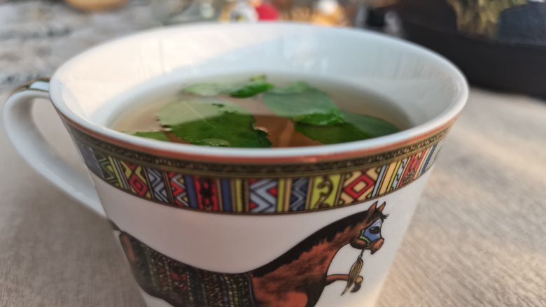 香草柠檬冰饮,加入薄荷叶,放置15分钟左右,待茶水冷却至室温