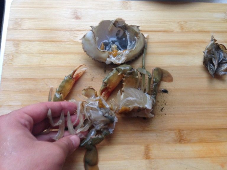 新加坡辣椒螃蟹,洗净,撬开蟹盖,除去蟹腮,将螃蟹断成两半,少许<a style='color:red;display:inline-block;' href='/shicai/ 718'>料酒</a>腌制。