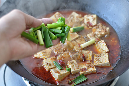 家常麻婆豆腐,撒上切好的<a style='color:red;display:inline-block;' href='/shicai/ 3349'>蒜苗</a>。勾芡，烧开即可。