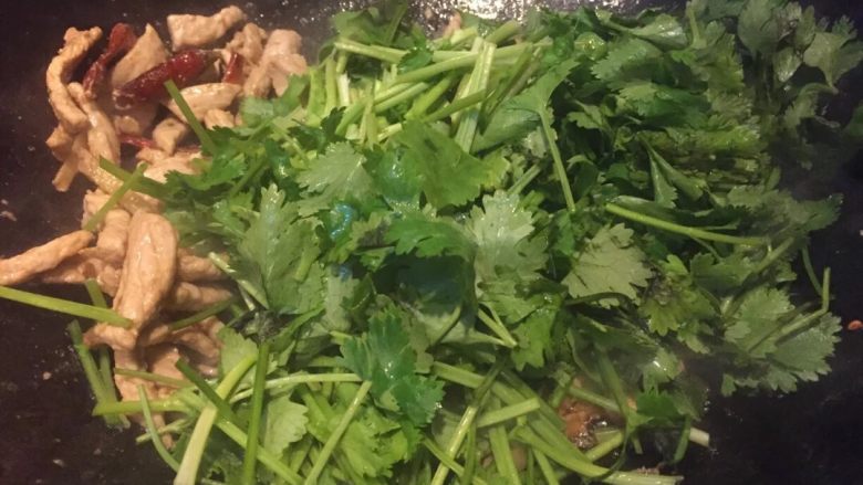 地方菜香辣肉丝,出锅前撒上香菜