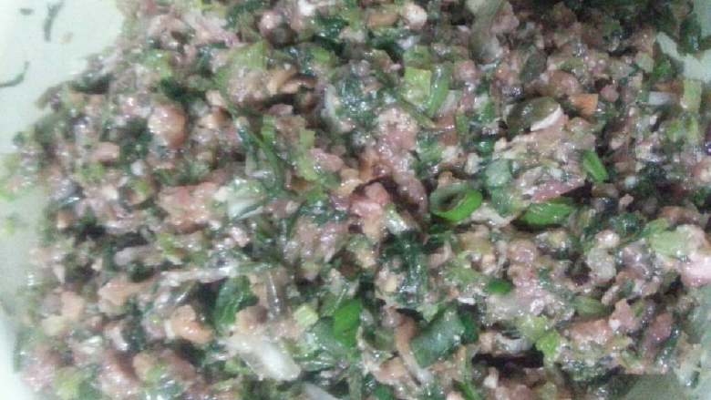 五种蔬菜猪肉馅饺子,把炒好的芹菜艾蒿香菇圆葱葱花猪肉馅放料掝好