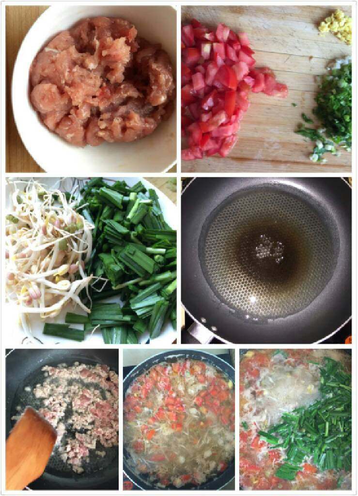 家常米线,起油锅放入准备好的肉末进去炒,炒熟后放西红柿、豆芽一起炒,然后加些水进去煮(可以用熬好的鸡汤 、牛肉汤、骨头汤)这样做出来的更好吃😊汤滚后放入三匙菌粉、盐、韭菜就可以了。
