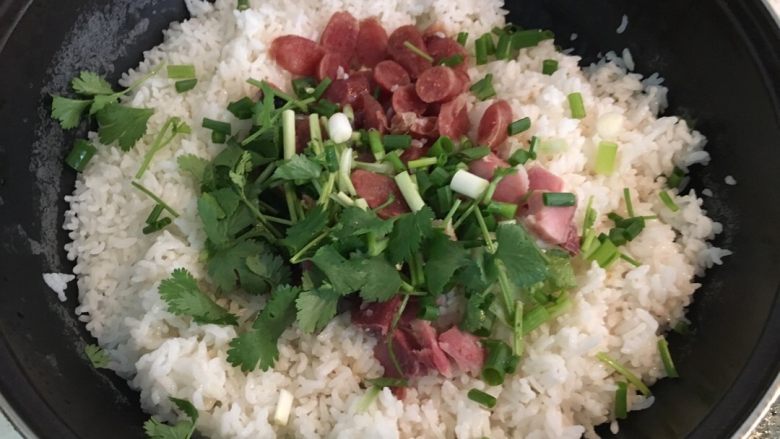 腊味煲仔饭,煮开后，将腊肠和腊肉水捞出切块，放入加入<a style='color:red;display:inline-block;' href='/shicai/ 131'>香菜</a>，<a style='color:red;display:inline-block;' href='/shicai/ 157'>小葱</a>