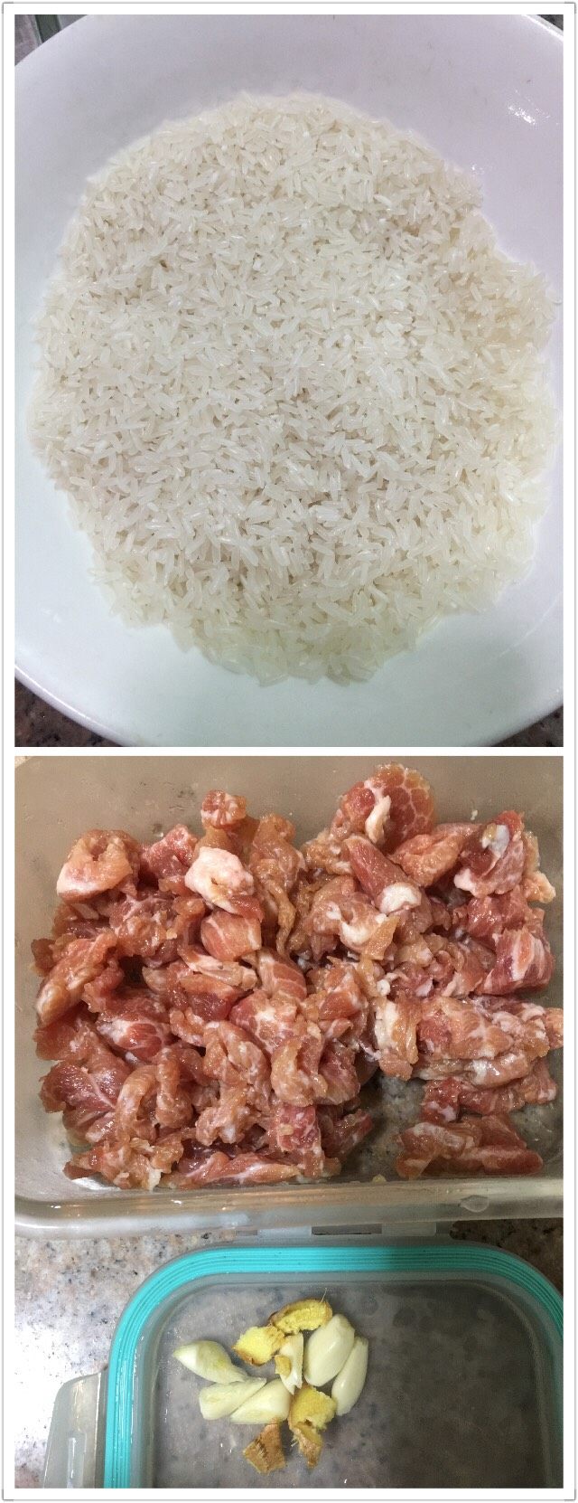 香菇肉片焖饭,淘米，然后用水泡30分钟左右，肉切片放入盐、黄酒、酱油、蠔油腌30分钟左右，<a style='color:red;display:inline-block;' href='/shicai/ 230'>香菇</a>提前泡发好，汆水然后切丝备用。