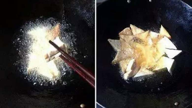 叉烧豆腐,.起锅倒入足量油,烧热后放入豆腐角,中火炸豆腐块直至两面金黄,有一层硬壳出现