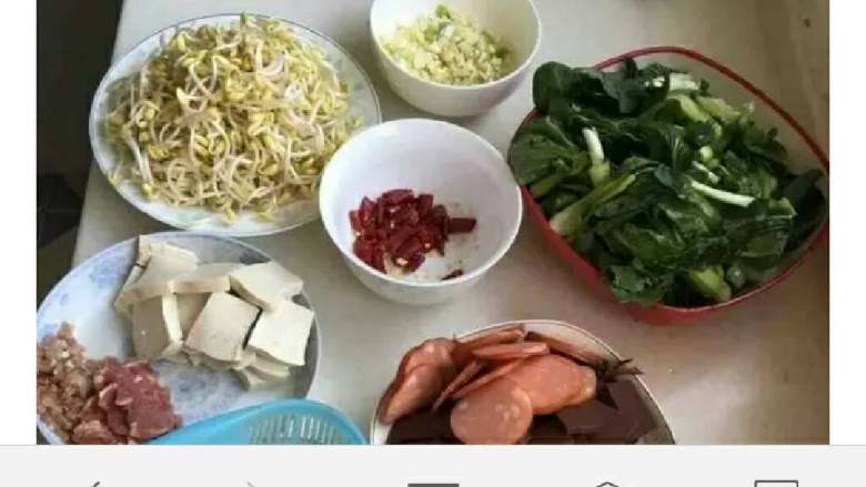 毛血旺,豆芽洗好去皮去根,其它材料洗好切好装盘(豆腐,肉和油菜是做另一道菜的大家可以忽略不记)