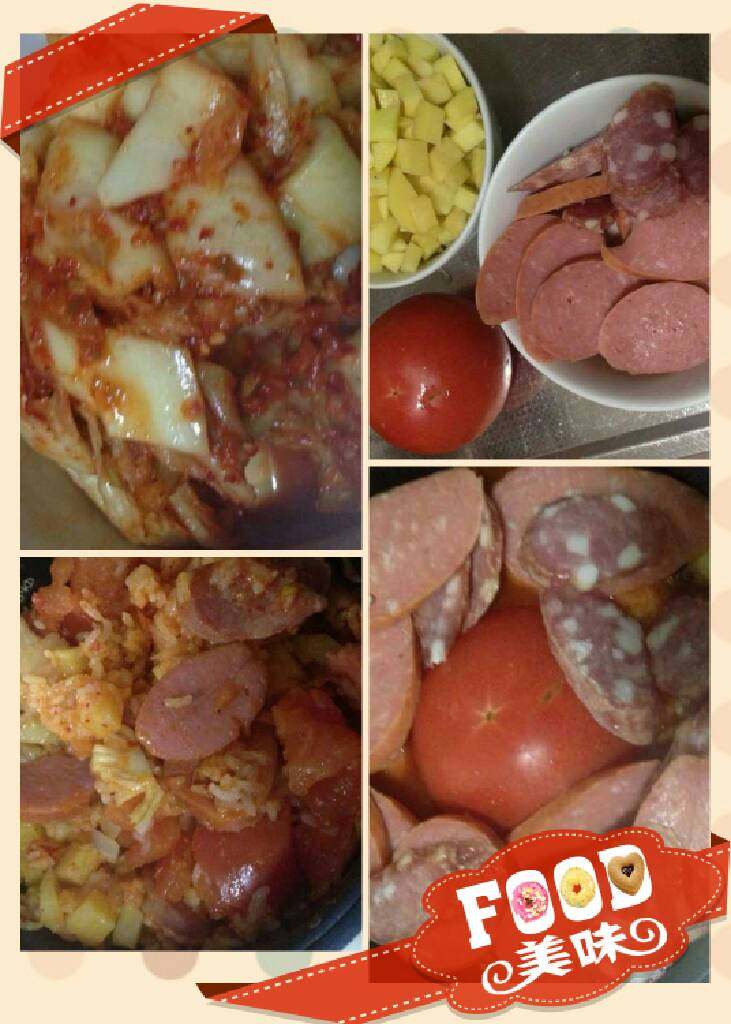 黑暗料理之整个番茄饭集锦,加入朝鲜辣白菜的整个番茄饭,盐少放,因为辣白菜比较重口味。配菜是玉米粒和大香肠。