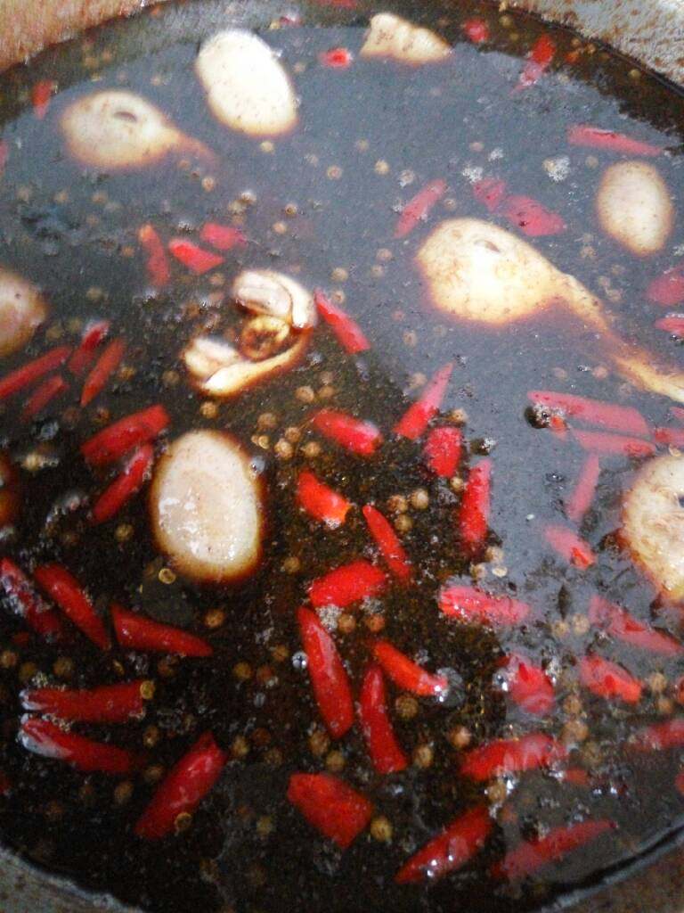 麻辣卤鸭头,煮开卤水两三次后,也就是辣椒放入卤水中四小时后,放入鸭头浸泡在卤水中,浸泡两小时,开火煮五分钟,关火继续浸泡一小时