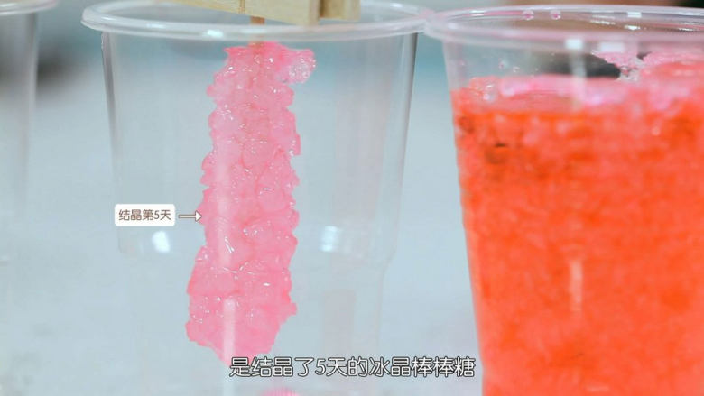 冰晶棒棒糖,110度的糖水,大概5天左右就可以达到我要的大小,通常糖水表面都会结一层壳,并不是一定会有,这跟温度有关,如果有壳需要戳破之后把棒棒糖拿出来
