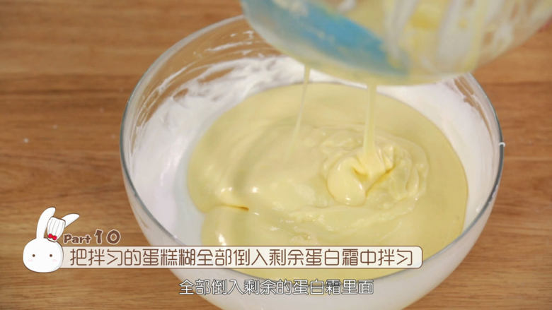 基础原味蛋糕卷,再次检查蛋白霜,确保把边缘不均匀的蛋白霜也检查到位,然后把蛋糕糊加入到蛋白霜里面,同样用翻拌的手法把蛋糕糊混匀