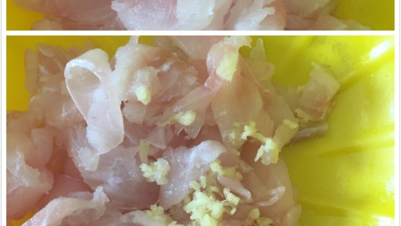 鱼丸汤,将鱼肉切成大小一样的细条,加入姜末,加点细盐!