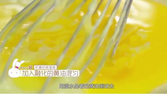 柠檬纸杯蛋糕,倒入融化好的黄油,搅拌均匀