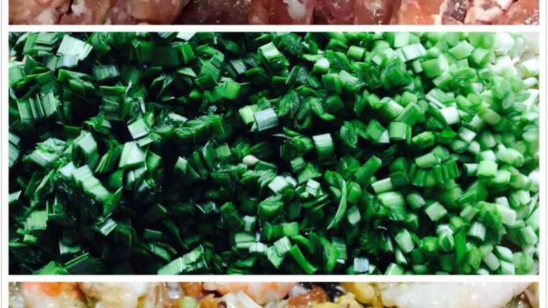 翡翠三鲜饺子#春意绿#,肉馅里加一个鸡蛋打散、加入胡椒粉、花椒粉、鸡精和盐调味后加入切碎的韭菜、海鲜和香菜、倒入50克食用油,少许<a style='color:red;display:inline-block;' href='/shicai/ 3738'>芝麻油</a>即可