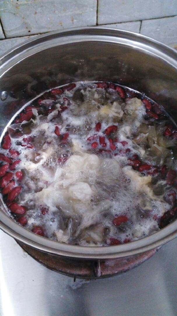 西洋参红腰豆银耳枸杞羮#甜蜜美味#,起锅注入清水，倒入西洋参、红腰豆、银耳，大火烧开，转小火煮90分钟。