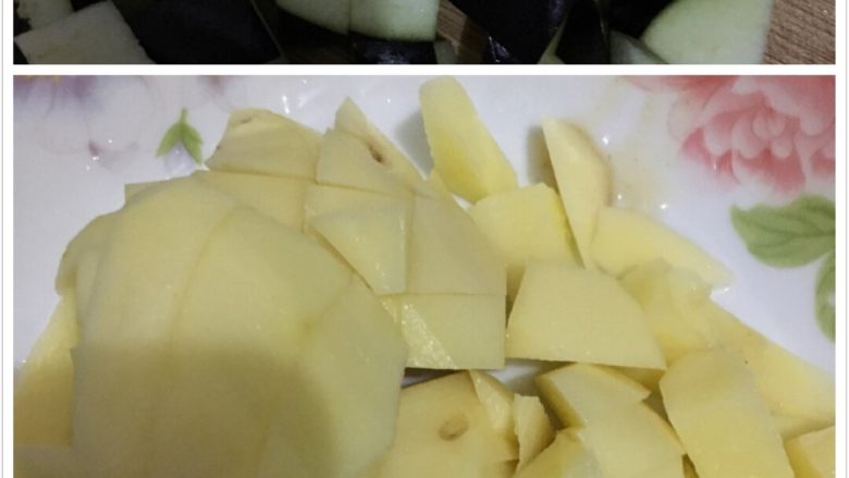 土豆炒茄子,两<a style='color:red;display:inline-block;' href='/shicai/ 58'>茄子</a>和<a style='color:red;display:inline-block;' href='/shicai/ 23'>土豆</a>洗净，<a style='color:red;display:inline-block;' href='/shicai/ 23'>土豆</a>去皮，切小块待用。蒜瓣、辣椒切好