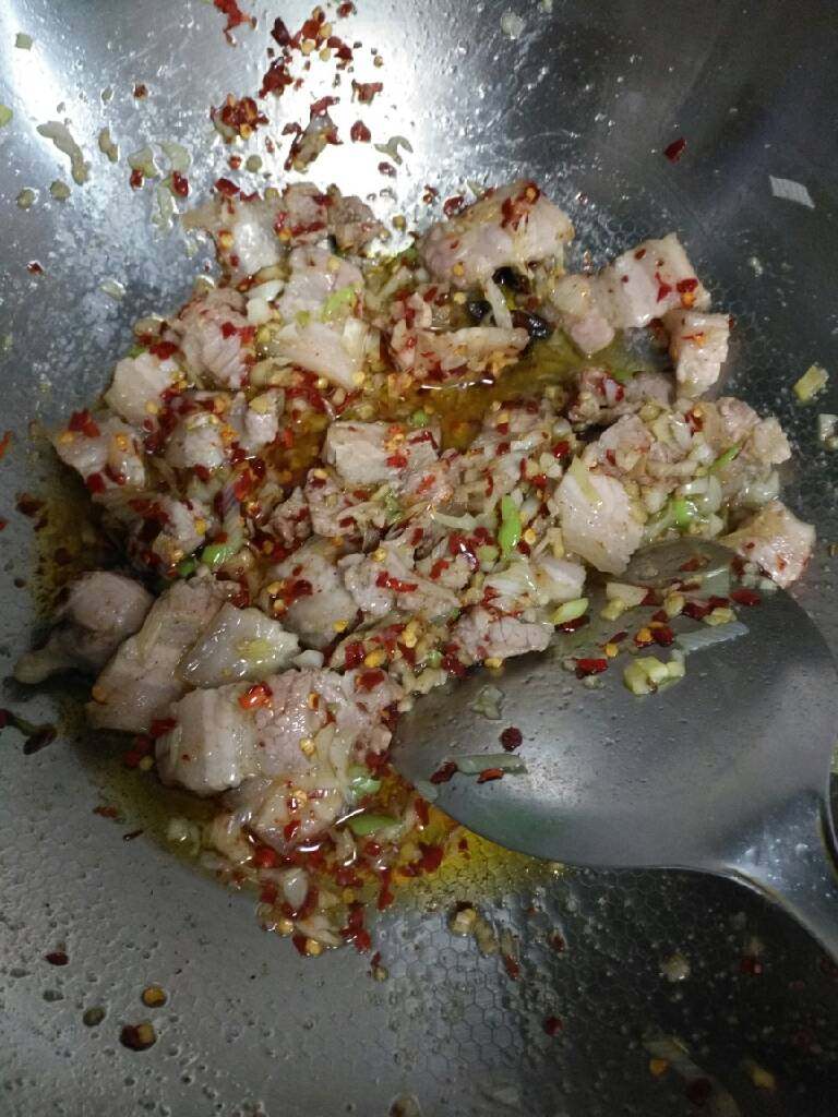 东北乱炖麻辣口!,锅里放豆油麻油盐,葱姜蒜大料干辣椒肉爆香!