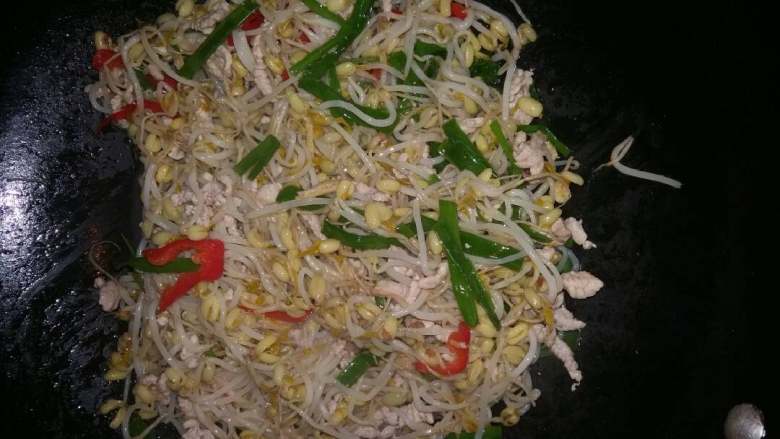 豆芽炒肉丝(自制绿豆芽),倒入豆芽盐一点点白醋翻炒入味,加入葱段煸炒片刻即可关火。