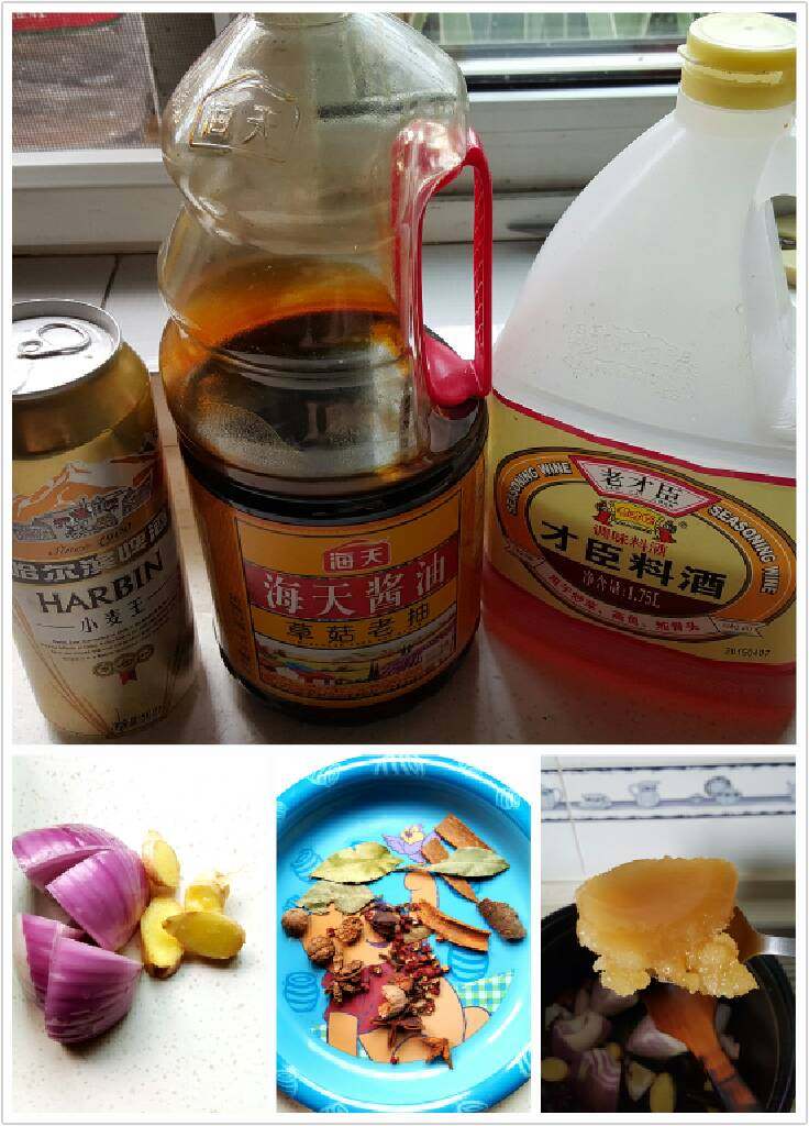 啤酒魔芋红烧羊排,准备调料,老抽2勺,料酒2勺,哈啤1听,洋葱1个,姜几片,草果,肉蔻,丁香,桂皮,香叶,大料,花椒。