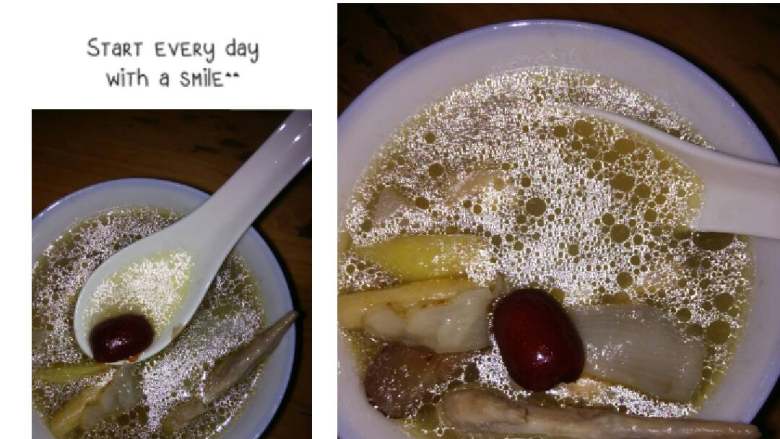 清补凉鸡汤,装进碗里,可以开动了。汤很好喝,鸡肉还很嫩呢。