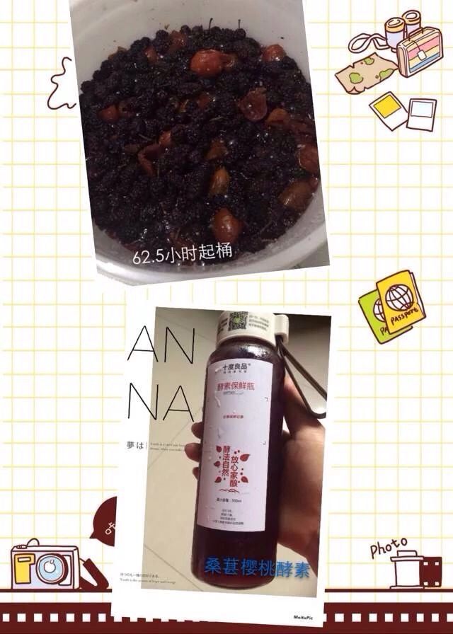 桑葚樱桃酵素,发酵63小时，闻起来有酒酿的香味，尝起来酸大于甜，且略带麻舌感，可以起桶，用滤网把水果渣捞起，用专业的酵素保鲜瓶分装，放入冰箱(5-15度)冷藏保存，7天内饮用完效果最佳，酵素渣可以加糖按照自己口味做果酱或环保酵素等
