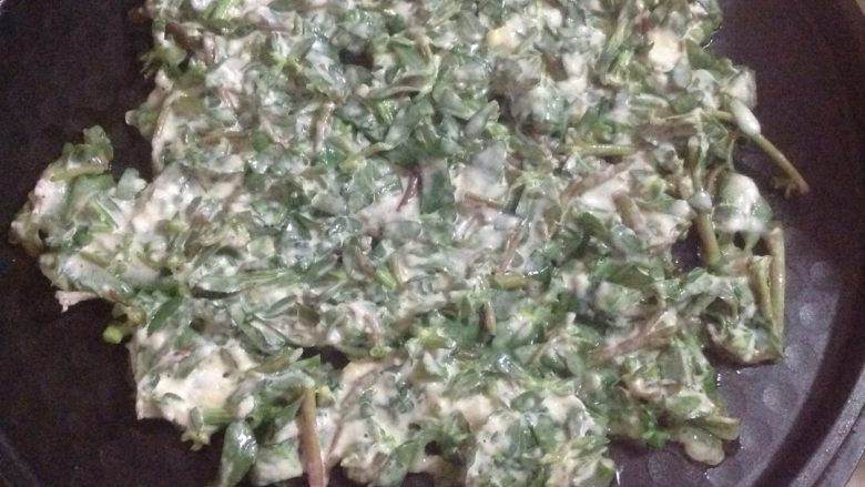 马齿菜饼,把菜糊放上,整开,使饼薄一些