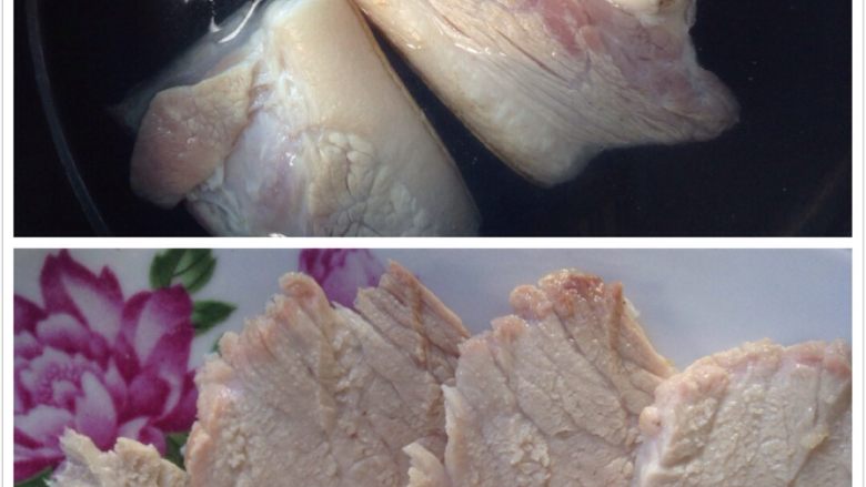 蒜泥白肉,选半肥半瘦的<a style='color:red;display:inline-block;' href='/shicai/ 414'>猪肉</a>,放锅里煮熟,切薄片,放汤碗里备用!提示:切厚薄度如图。