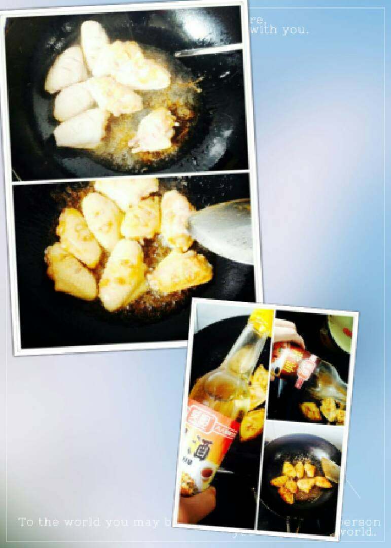 可乐鸡翅,加入鸡翅,翻炒上色,加入<a style='color:red;display:inline-block;' href='/shicai/ 718'>料酒</a>和酱油,翻炒均匀