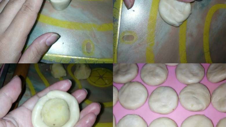 绿豆饼,取一份卷起的面团压扁包一份(15克)绿豆沙,收口朝下压扁放进烤盘里,烤箱预热180度,上下火中层烤45分钟即可