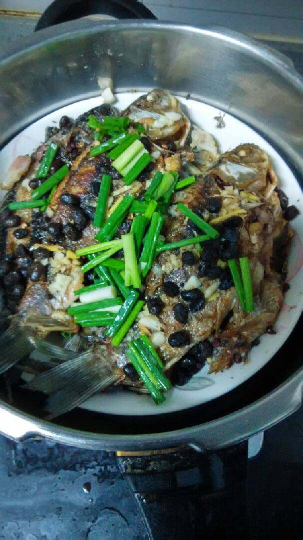 老干妈豆豉鲫鱼,热锅下菜油烧至冒烟,下土鲫鱼,炸至酥脆,起锅装盘。
每层鱼上放生姜丝,独蒜粒,老干妈豆豉,再淋上一些生抽酱油,每层如此装盘。最后放上葱花,撒上花椒。淋上香油。
准备好高压锅,渗开水放蒸格摆上鱼盘,关好锅盖,压上阀,开大火,放气后关小火压二十分钟,关火,等冷了再开锅,端出鱼盘。