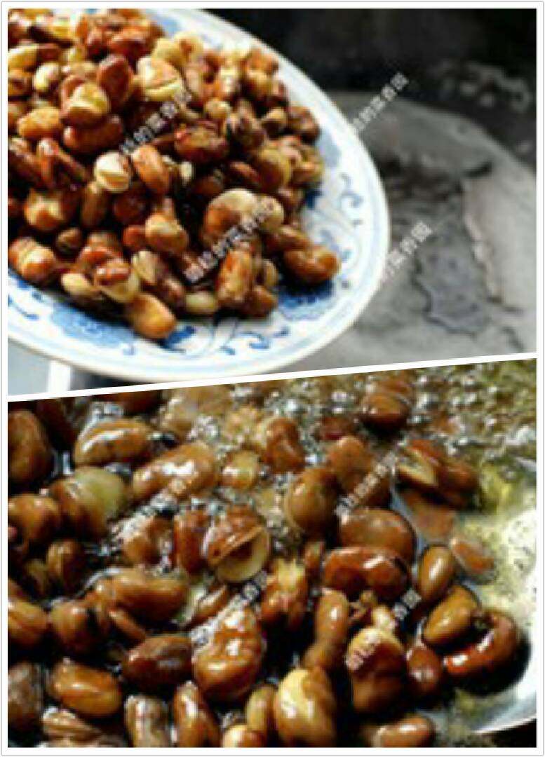 油炸蚕豆,【热油复炸】升高油温至200度,也就是七八成热,可以看到油面青烟四起。将蚕豆再次倒入。再炸2、3分钟。