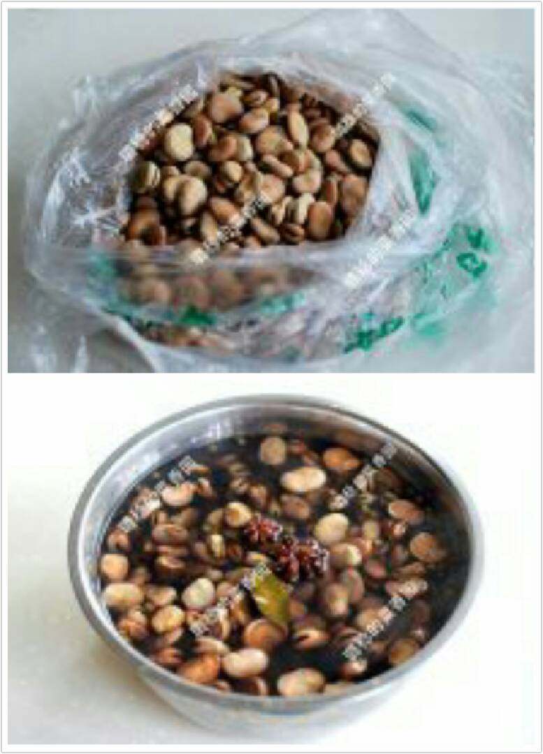 油炸蚕豆,干蚕豆一袋,【烧调料水】锅里加入足量清水,放入两粒八角、一小把花椒粒、3勺盐(可根据蚕豆的量酌情添加)烧开后,关火,把调料水倒入放干蚕豆的盆中,水要多,因为干蚕豆浸泡过程中会吸很多水。