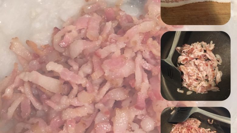 芋头煎饼,<a style='color:red;display:inline-block;' href='/shicai/ 443'>培根</a>，切成细丝，直接下锅炒。我买的肥肉偏多，没额外放油，炒到略带金黄就可以出锅了，把油逼干，放到上一步的芋头泥里