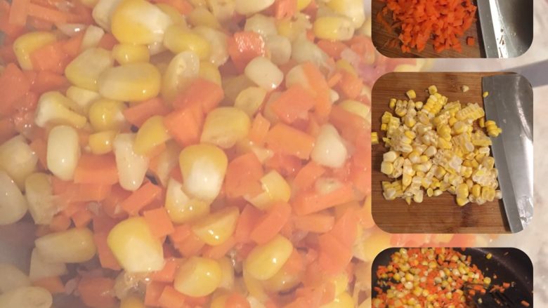 芋头煎饼,<a style='color:red;display:inline-block;' href='/shicai/ 25'>胡萝卜</a>切粒，<a style='color:red;display:inline-block;' href='/shicai/ 500'>玉米</a>削成粒，用炒培根的油炒到断生，同样放到芋头泥里