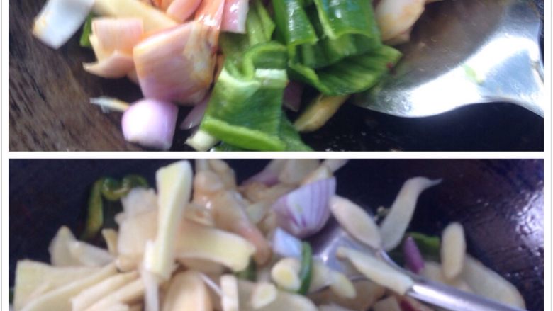 子姜回锅肉,大火先倒青椒与洋葱炒,再倒子姜。