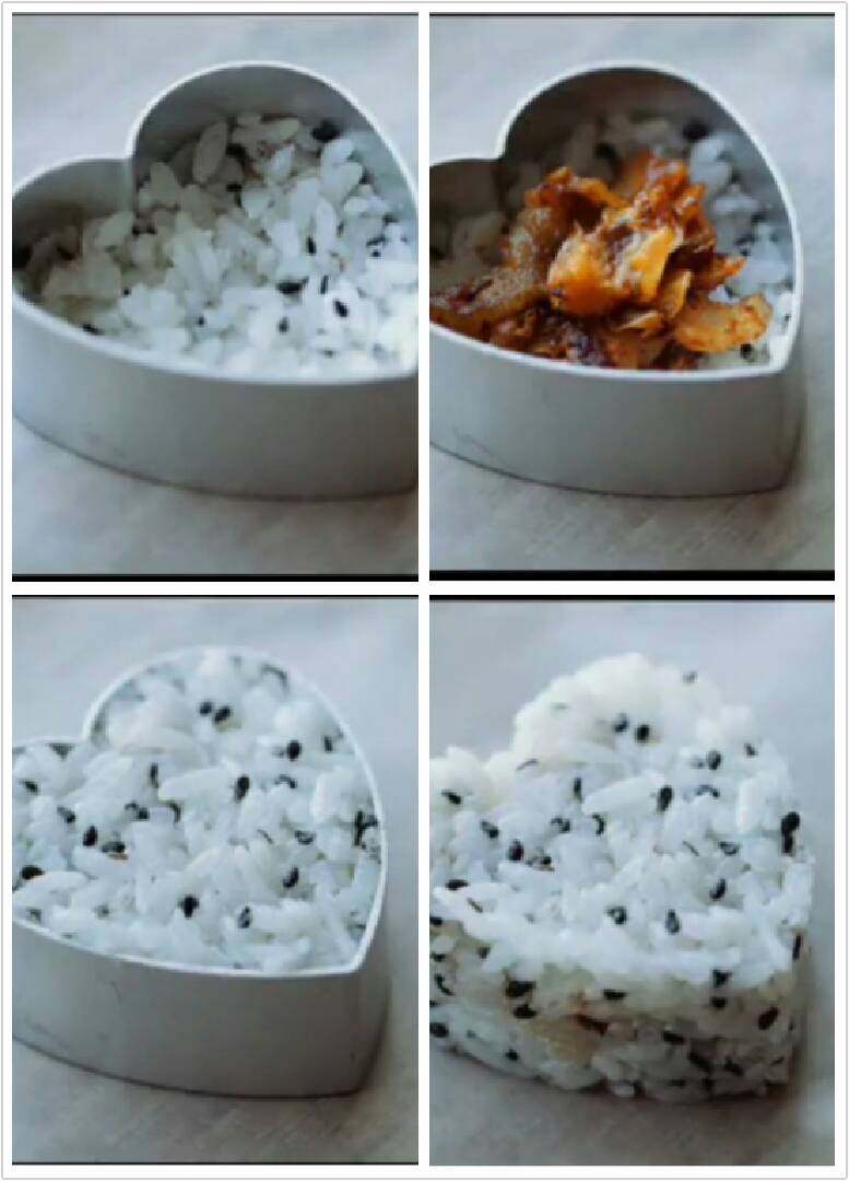 剩饭的逆袭,然后把刚才搅拌好的米饭放入模具,在模具最底层放入米饭,再放上刚才炒好的五花肉辣白菜,然后再覆上一层米饭,然后把米饭从模具中取出