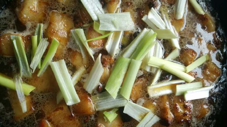 红烧肉,把调料算放进去炒一下，最后放葱花，加水炖，大火烧开小火炖哦。一定要加热水切记，喜欢辣的朋友就加点辣椒。