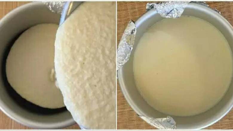 免烤豆腐版西瓜慕斯蛋糕,等豆腐糊完全放凉后,慢慢倒入到模具中,入冰箱冷藏4-5小时。时间一定别少于4小时,否则豆腐凝固不了,放入<a style='color:red;display:inline-block;' href='/shicai/ 13484'>西瓜汁</a>就完全混合到一起了。(之所以用锡纸包模具底是因为我家的保鲜袋用完了,如果你用保鲜袋套住整个放冰箱,其实是不用包锡纸的)