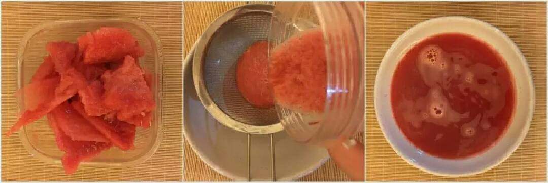 免烤豆腐版西瓜慕斯蛋糕,西瓜镜面*
用榨汁机榨出西瓜汁,然后过筛,这样做出来的镜面才清澈漂亮。