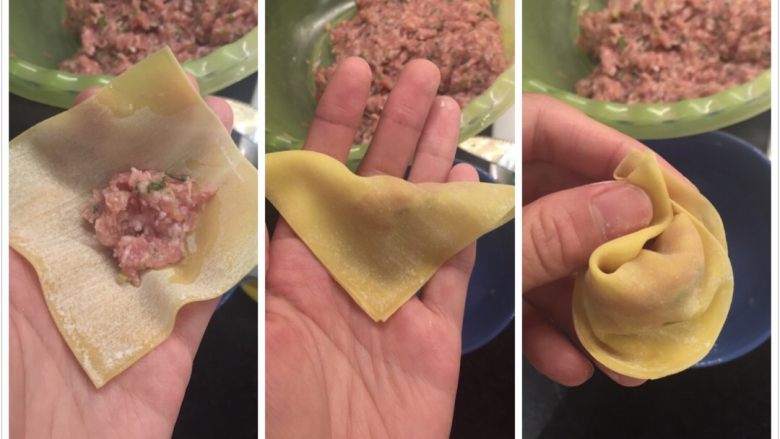 鲜肉混沌,把肉末放入混沌皮中,如图准备一碗水,沾取少量水,碰下混沌皮的角,这样容易粘合,烧的时候不会散开