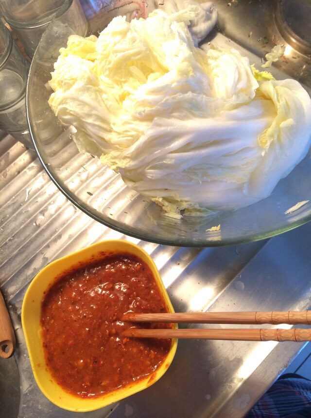 辣白菜,泡好后把白菜从盐水中捞出来,用手把多余水份挤干,放一旁备用。然后开始准备制作辣椒酱