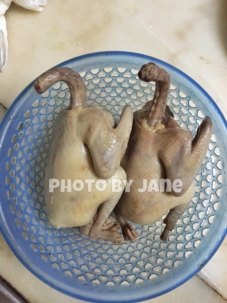 厨房的炸乳鸽,乳鸽焯水。洗净去除体内脏物。沥干  水
喜欢吃头的可以留着