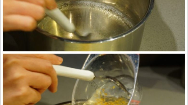 千层椰汁桂花糕,在奶锅里倒入桂花糖水,再加入细砂糖搅拌均匀,然后放置一边冷却