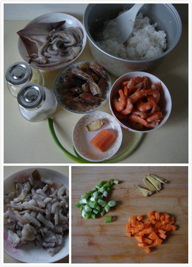 剩余食材的华丽逆袭：海鲜炒饭 ,葱<a style='color:red;display:inline-block;' href='/shicai/ 37'>姜</a>改刀，<a style='color:red;display:inline-block;' href='/shicai/ 25'>胡萝卜</a>切小粒，<a style='color:red;display:inline-block;' href='/shicai/ 345'>鱿鱼</a>切小块