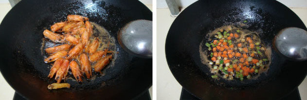 剩余食材的华丽逆袭:海鲜炒饭 ,底油炒香姜和虾头,炒出虾油后捞出