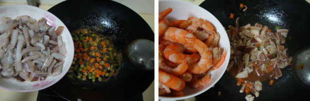 剩余食材的华丽逆袭:海鲜炒饭 ,虾油炒香香葱和胡萝卜,放入鱿鱼炒变色,放入虾仁炒匀后全部盛出来(因为虾仁是熟的我就没有炒时间很长,如果是生的就跟鱿鱼一起炒熟)