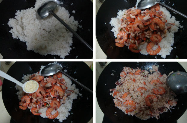 剩余食材的华丽逆袭:海鲜炒饭 ,另起锅,用少量油把米饭炒散,倒入炒好的海鲜,加盐、<a style='color:red;display:inline-block;' href='/shicai/ 756'>鸡精</a>炒匀即可