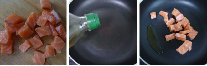 三文鱼青酱螺旋面,意面加盐煮好备用，三文鱼切小块